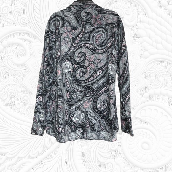 Chaps 2X Plus Size Navy Blue Paisley Long Sleeve Blouse - Picture 3 of 3